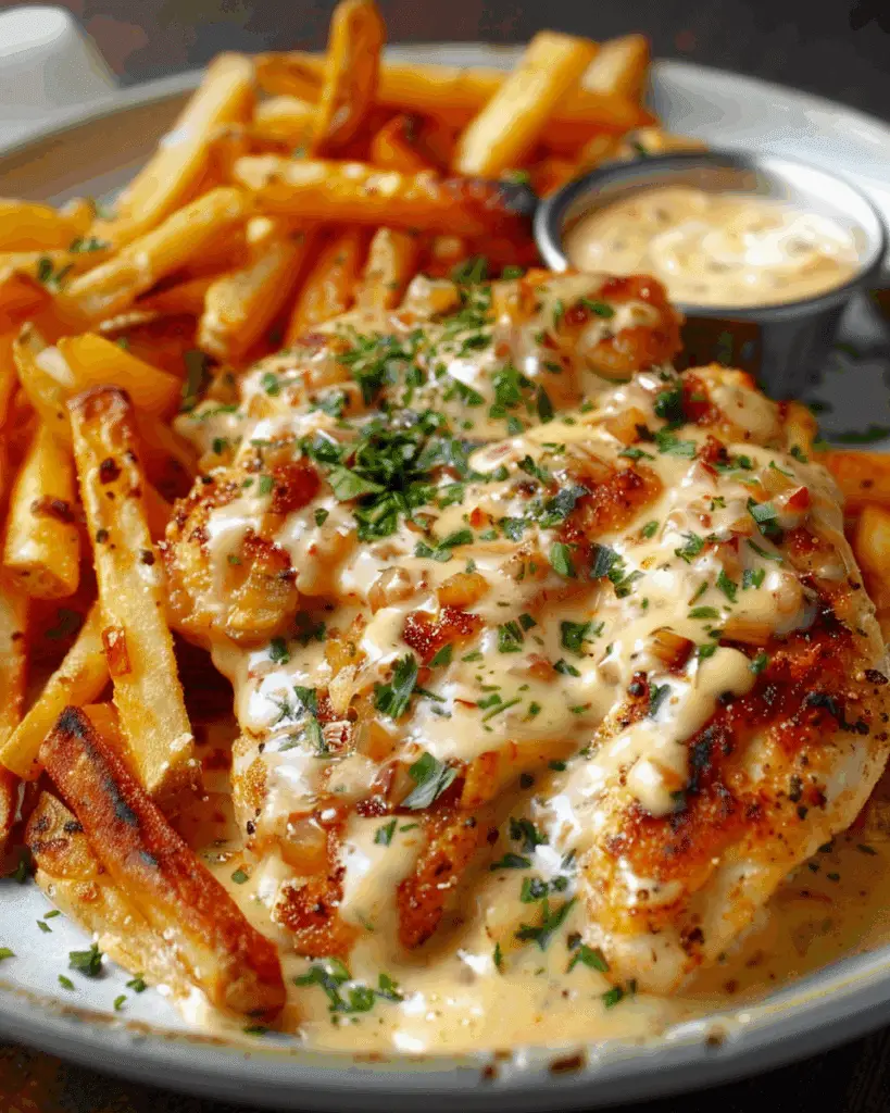 Chicken Fillet in Spicy, Creamy Garlic-Parmesan Sauce with Fries
