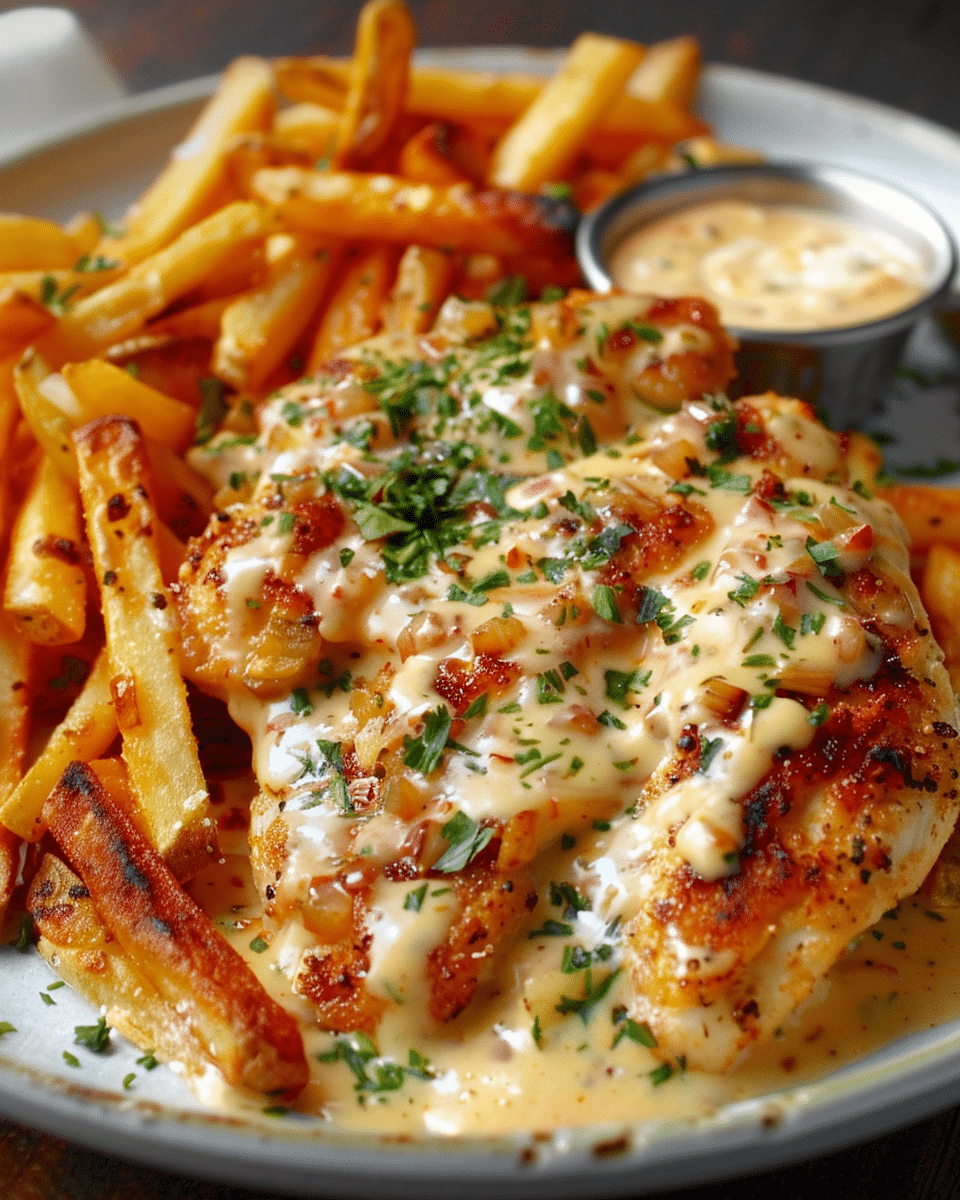 Chicken Fillet in Spicy, Creamy Garlic-Parmesan Sauce with Fries