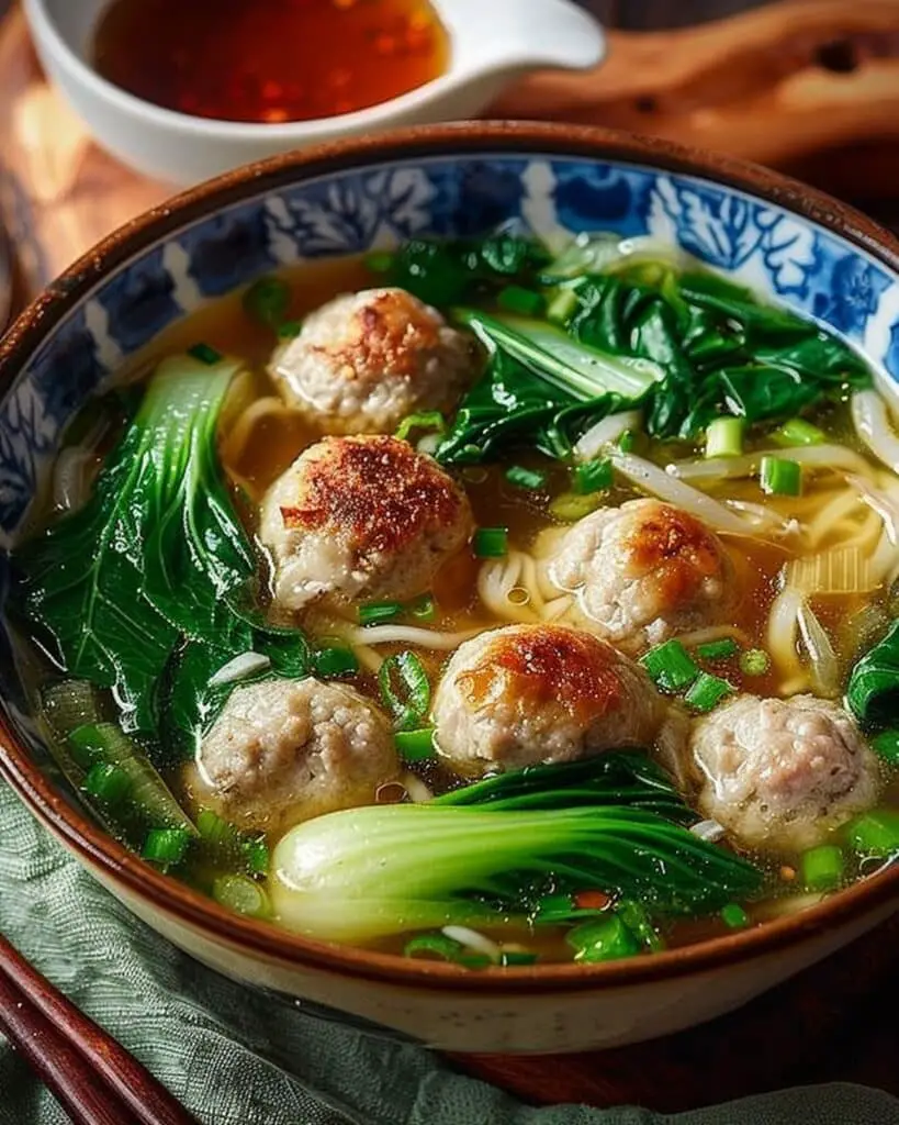 Ginger Chicken Meatball Soup with Baby Bok Choy and Wonton Strips