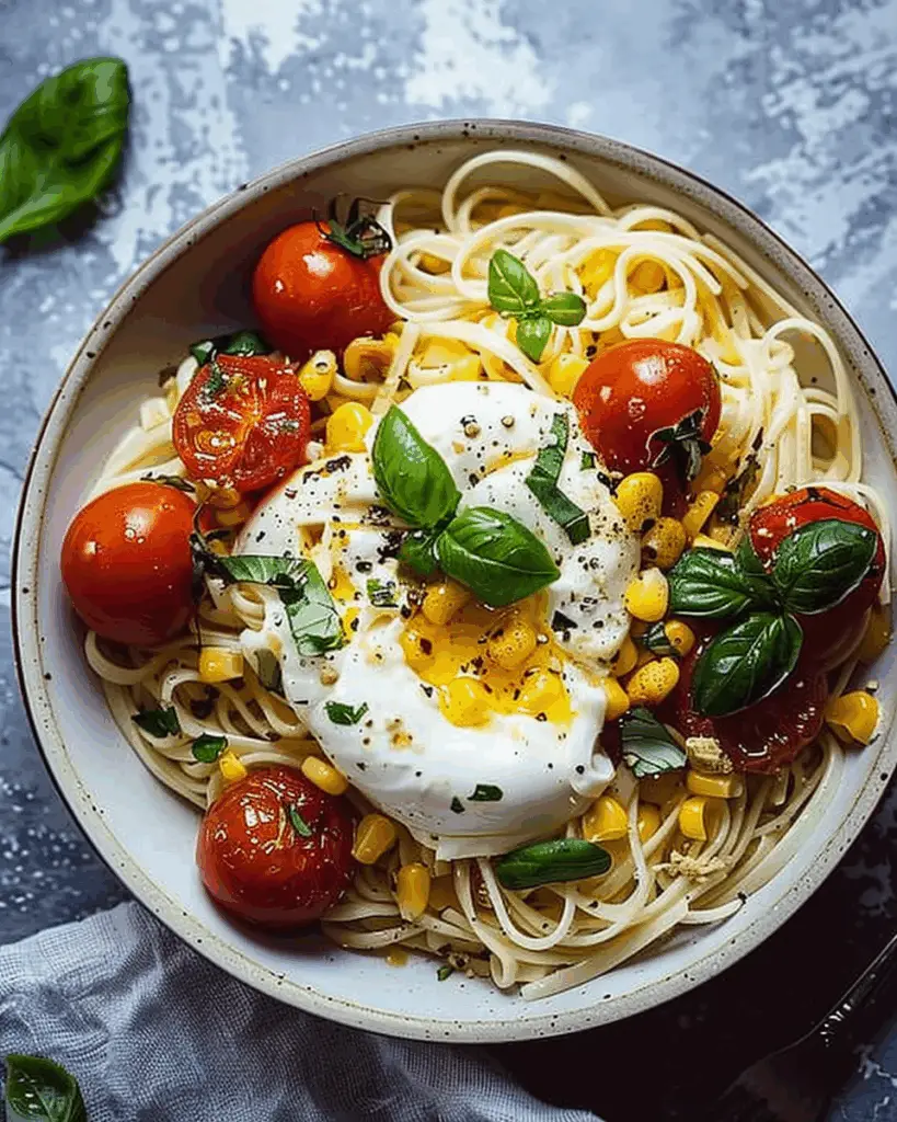 Burrata Pasta Bliss with Roasted Tomatoes, Basil & Corn