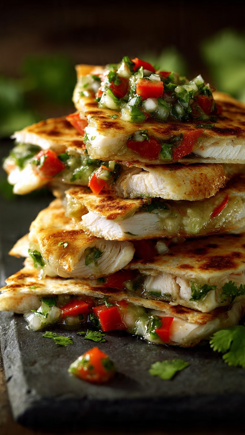 Chicken, Pepper & Avocado Quesadillas with Fresh Cilantro Salsa