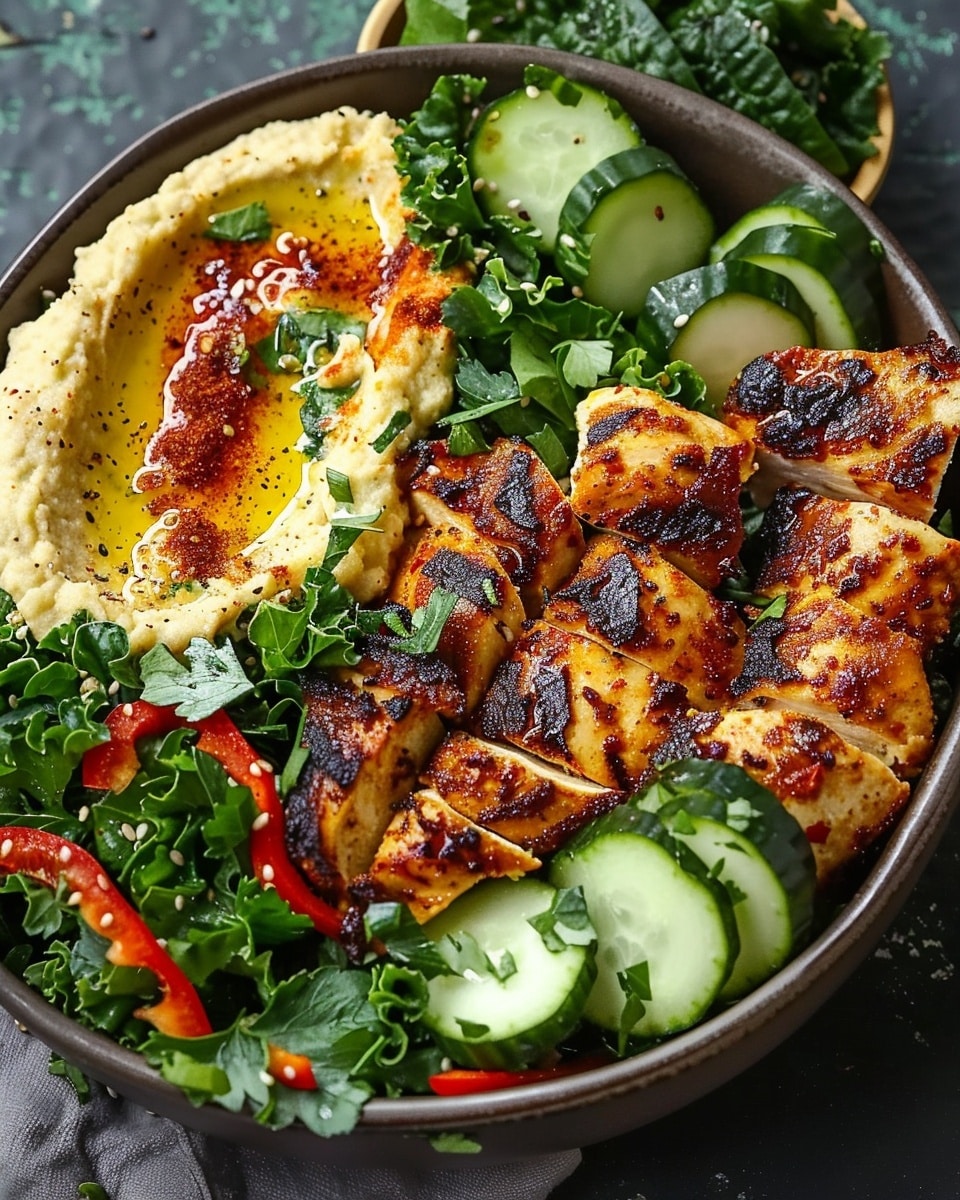 Lemon Chili Grilled Chicken Bowls with Fresh Cucumber Salad & Hummus
