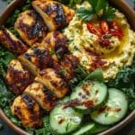 Lemon Chili Grilled Chicken Bowls with Fresh Cucumber Salad & Hummus