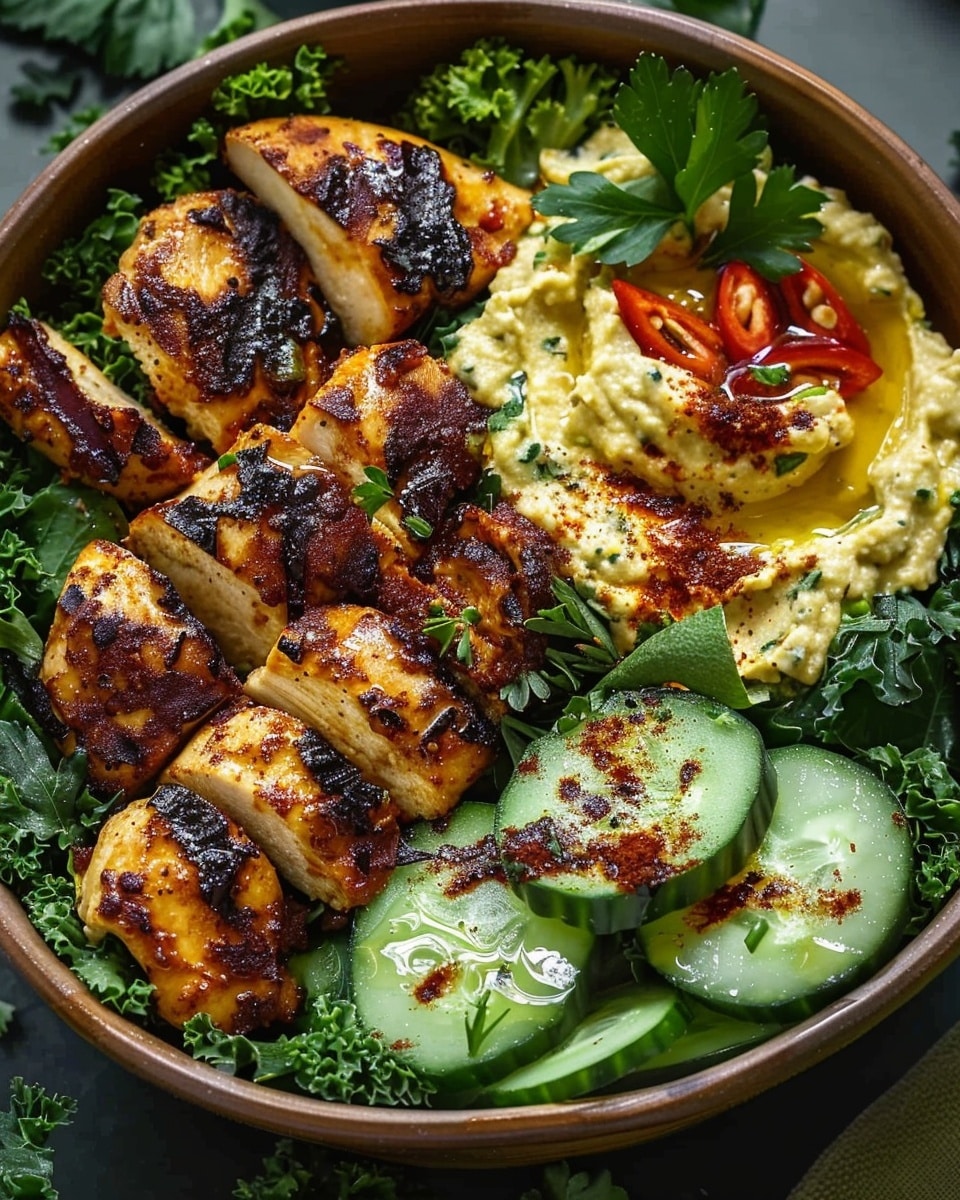 Lemon Chili Grilled Chicken Bowls with Fresh Cucumber Salad & Hummus