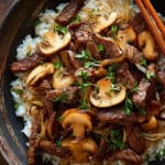 Beef, Onion & Mushroom Stir-Fry Over Rice