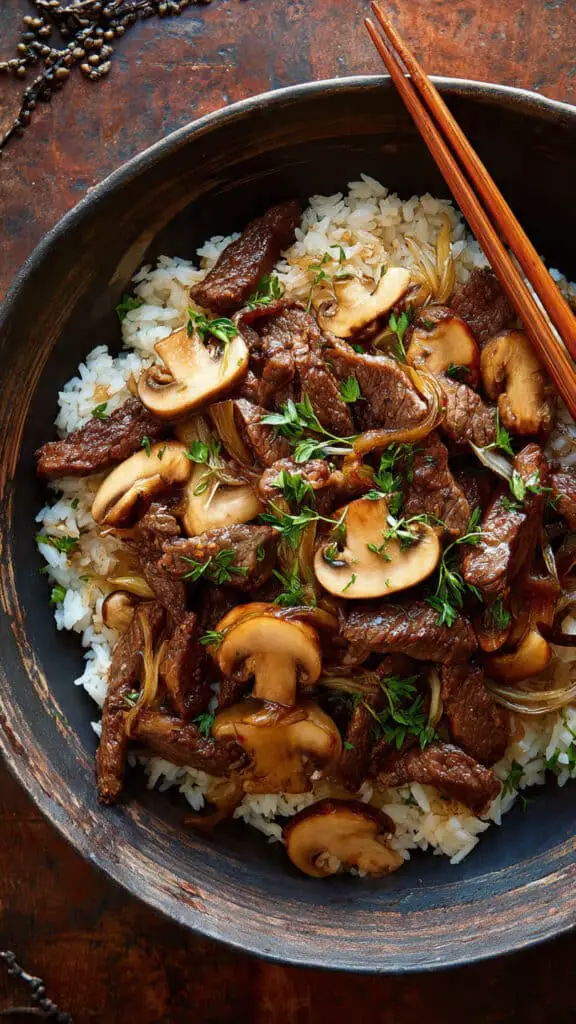 Beef, Onion & Mushroom Stir-Fry Over Rice
