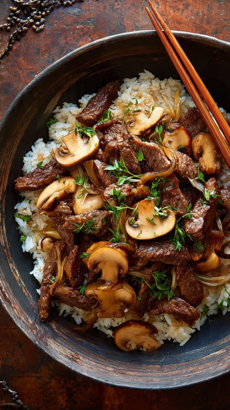 Beef, Onion & Mushroom Stir-Fry Over Rice