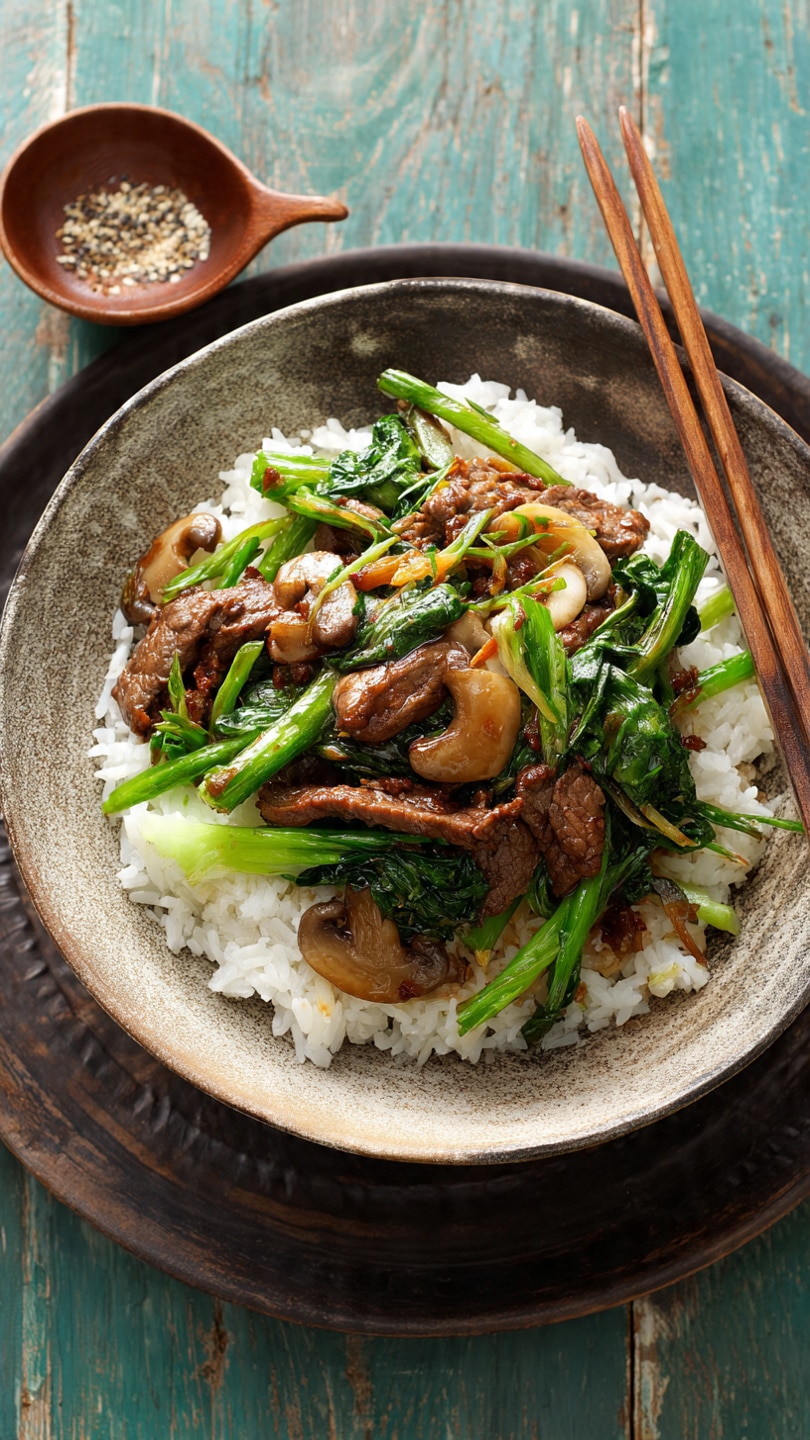 Beef, Onion & Mushroom Stir-Fry Over Rice