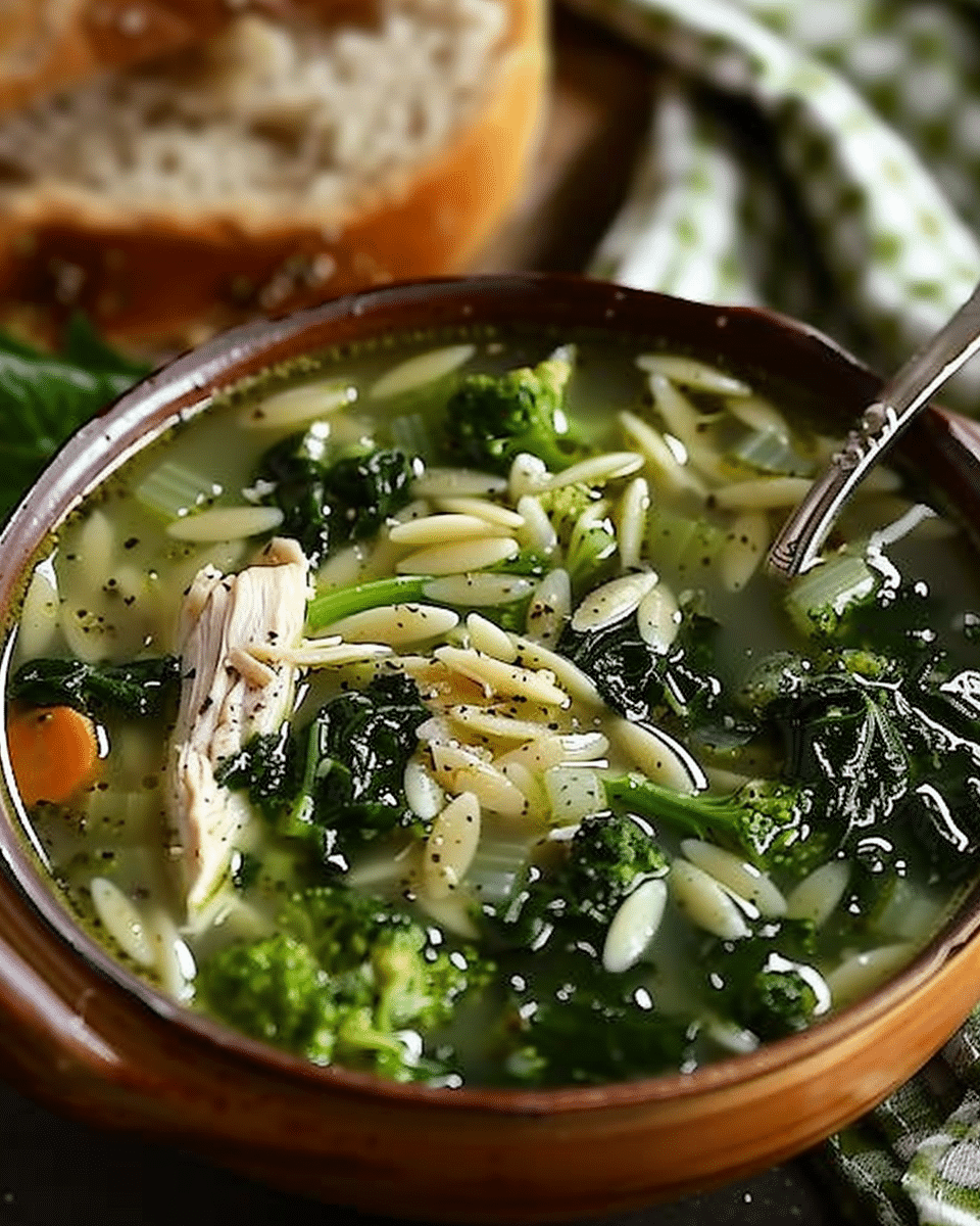 Broccoli Chicken Orzo Soup with Spinach