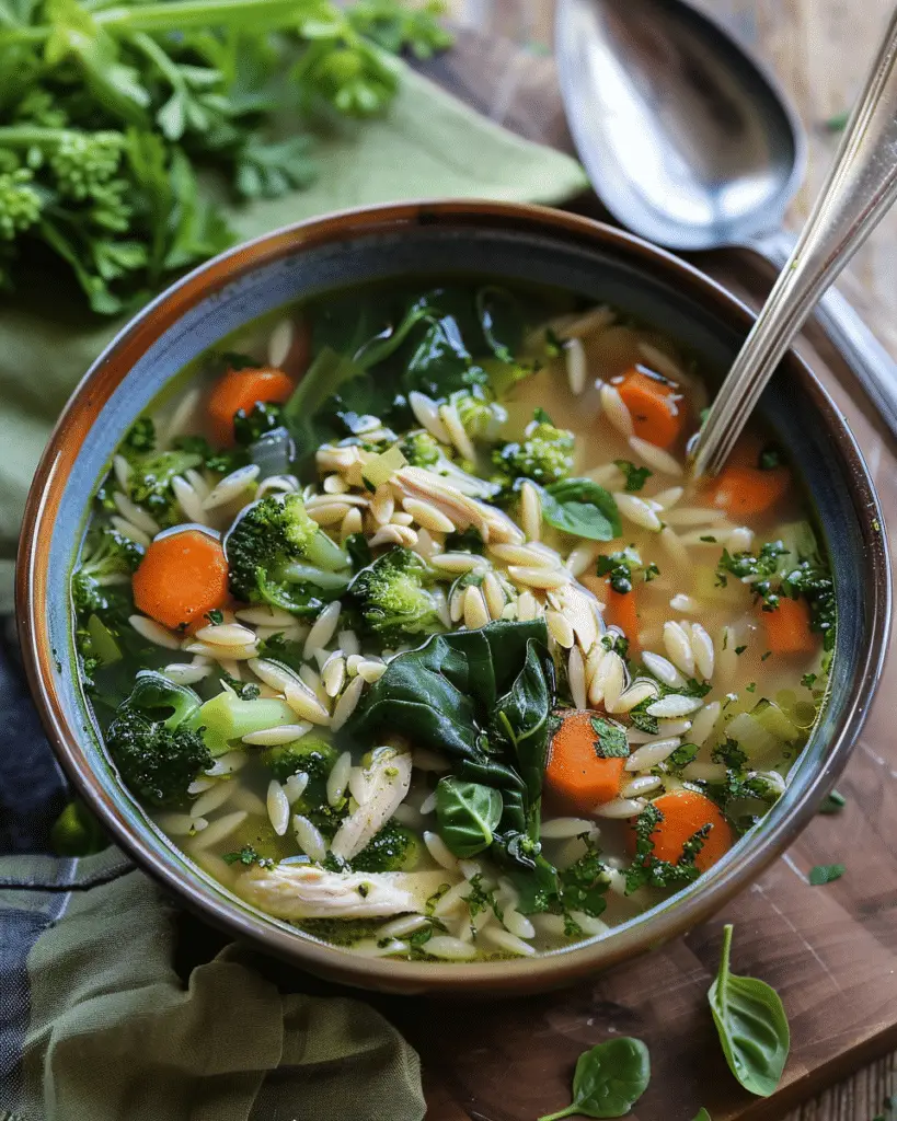 Broccoli Chicken Orzo Soup with Spinach