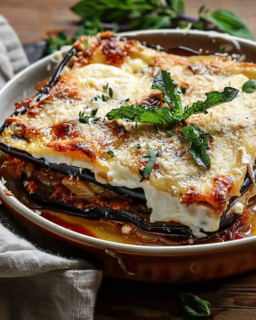 Burrata Eggplant Parmigiana with Caramelized Onions & Parmesan Cream
