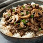 Beef, Onion & Mushroom Stir-Fry Over Rice