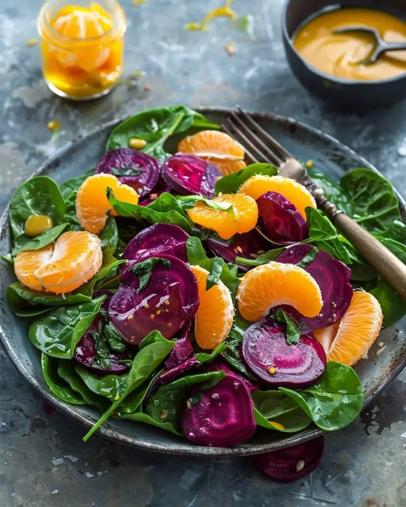 Beet Salad with Spinach, Mandarins, and Honey-Mustard Lemon Dressing