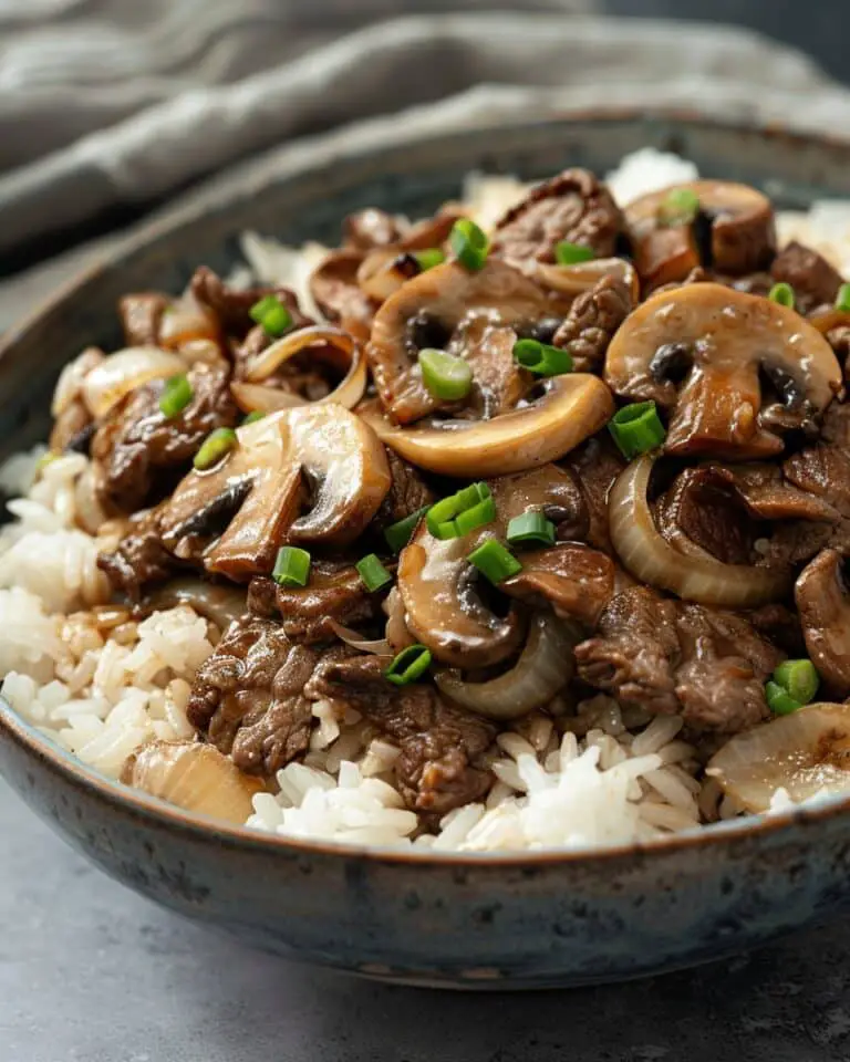 Beef, Onion & Mushroom Stir-Fry Over Rice