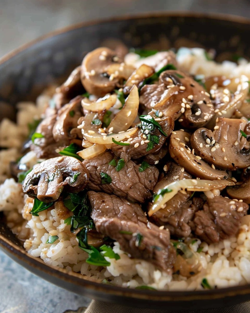 Beef, Onion & Mushroom Stir-Fry Over Rice