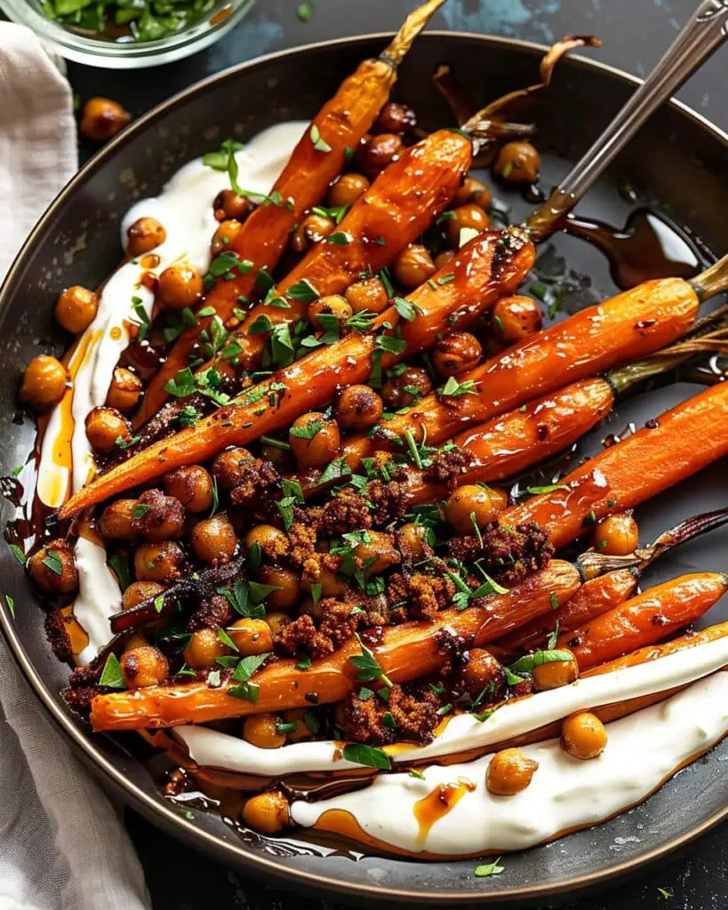 Spicy Maple Roast Carrots with Crispy Chickpeas and Yogurt Sauce