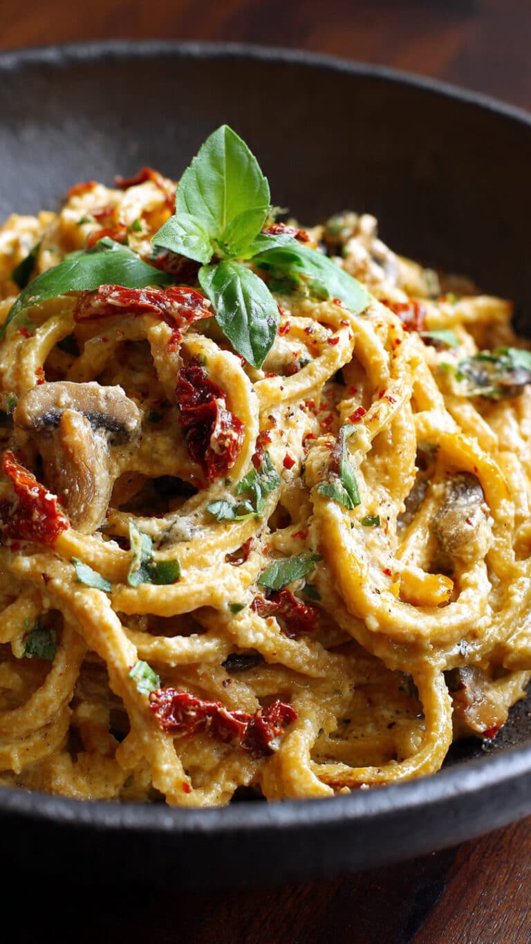 Creamy Sun-dried Tomato and Mushroom Pasta in a Garlic and Basil Cream Sauce