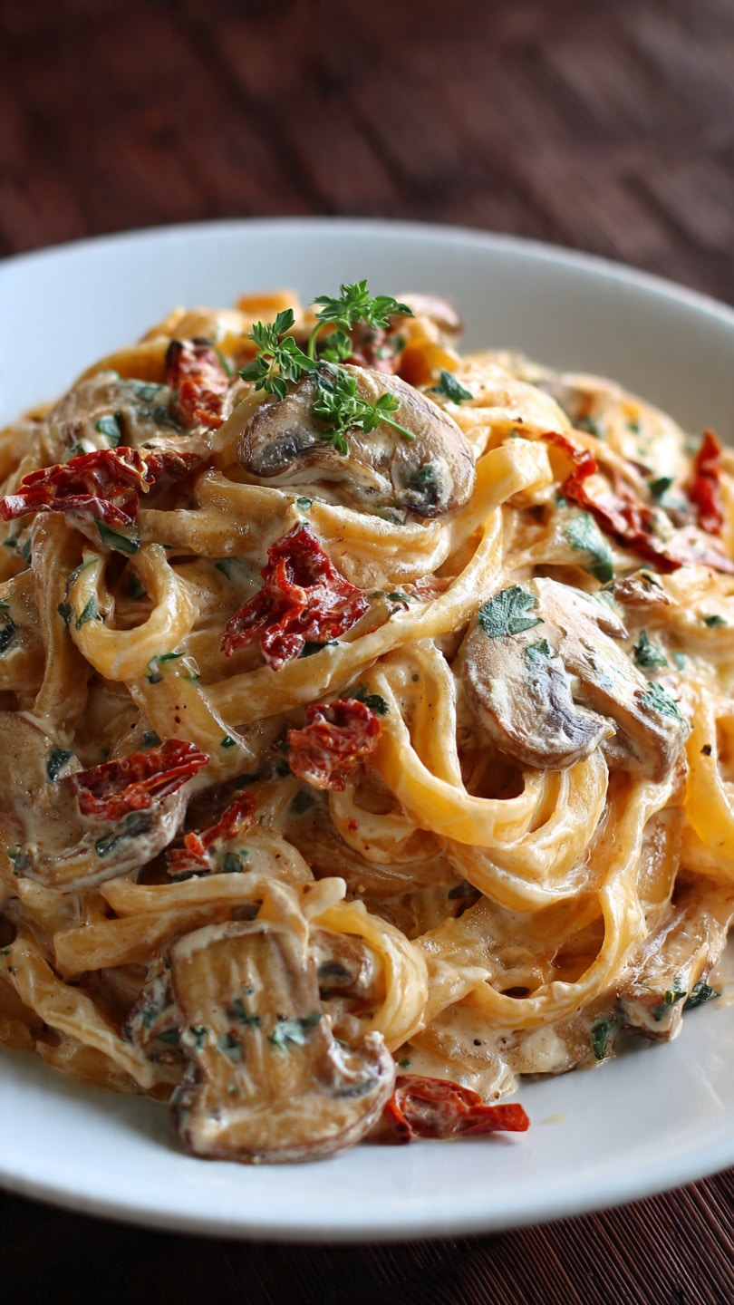 Creamy Sun-dried Tomato and Mushroom Pasta in a Garlic and Basil Cream Sauce