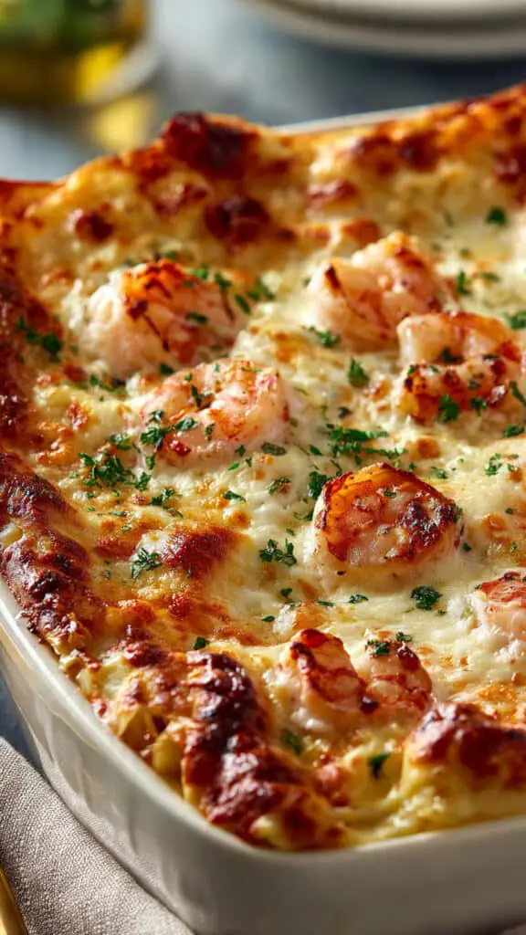 Shrimp Lasagna with White Sauce and Cheese