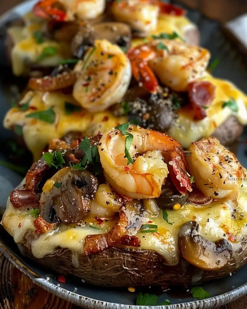 Steak, Shrimp & Mushroom Loaded Baked Potatoes