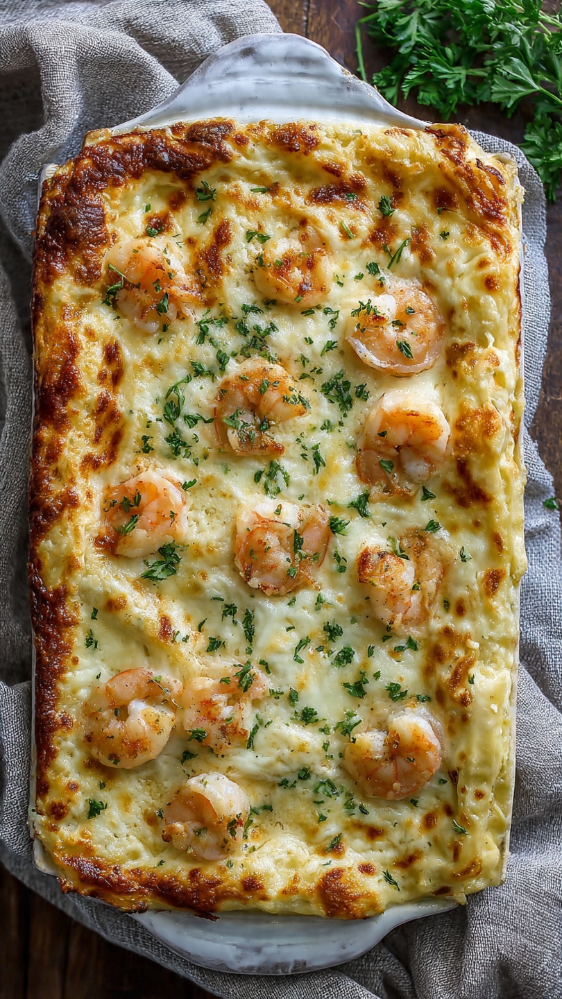 Shrimp Lasagna with White Sauce and Cheese
