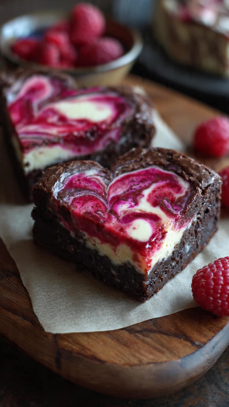 Heart-Shaped Brownies with Raspberry Swirl & Cheesecake