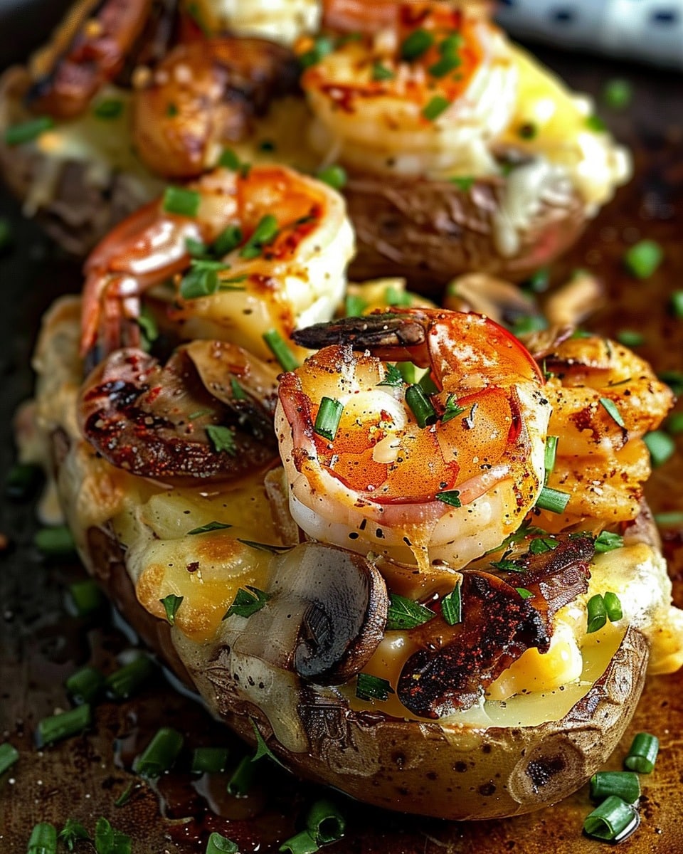 Steak, Shrimp & Mushroom Loaded Baked Potatoes