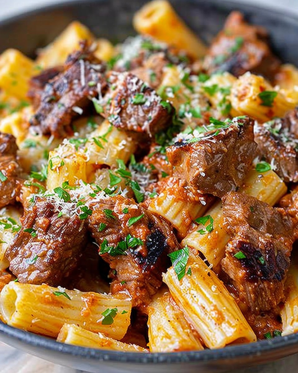 Cajun Steak Tips in Cheesy Rigatoni Parmesan Sauce