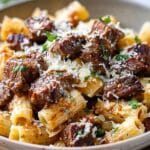 Cajun Steak Tips in Cheesy Rigatoni Parmesan Sauce