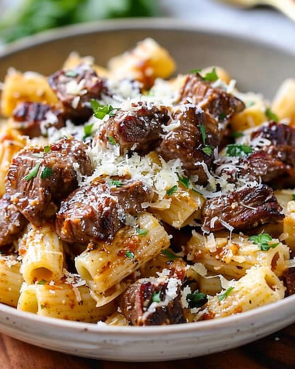 Cajun Steak Tips in Cheesy Rigatoni Parmesan Sauce