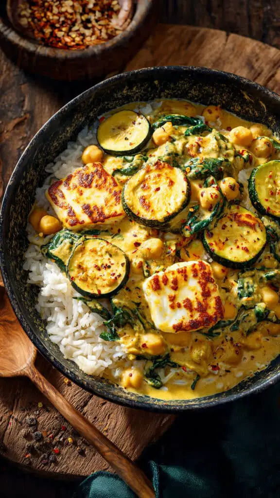 Golden Chickpea & Zucchini Coconut Curry with Halloumi and Spinach