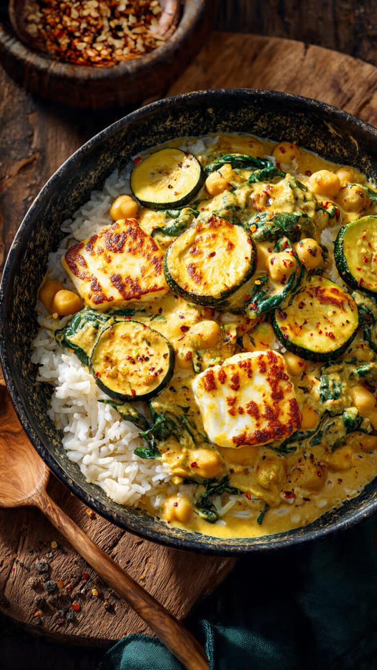 Golden Chickpea & Zucchini Coconut Curry with Halloumi and Spinach