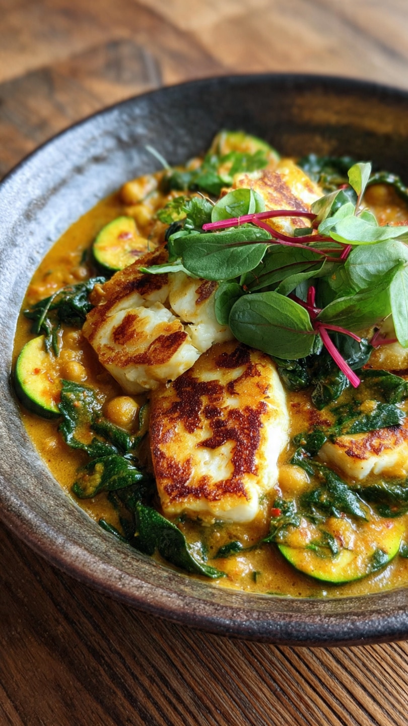Golden Chickpea & Zucchini Coconut Curry with Halloumi and Spinach