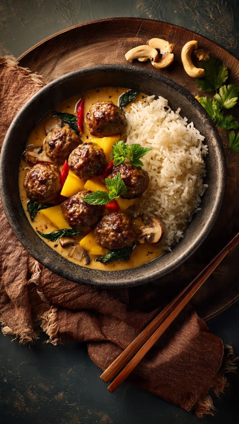 Thai-Inspired Beef Meatballs in Coconut Mango Curry with Mushrooms