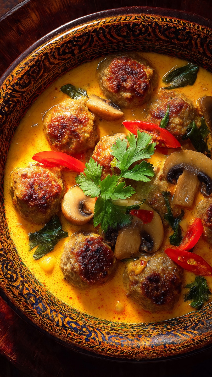 Thai-Inspired Beef Meatballs in Coconut Mango Curry with Mushrooms