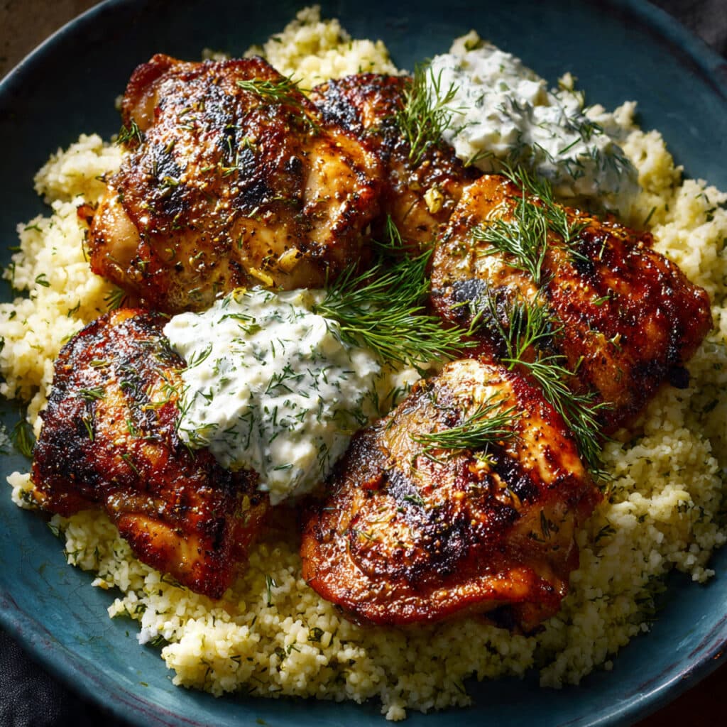 Mediterranean Grilled Chicken Thighs with Dill Yogurt Sauce