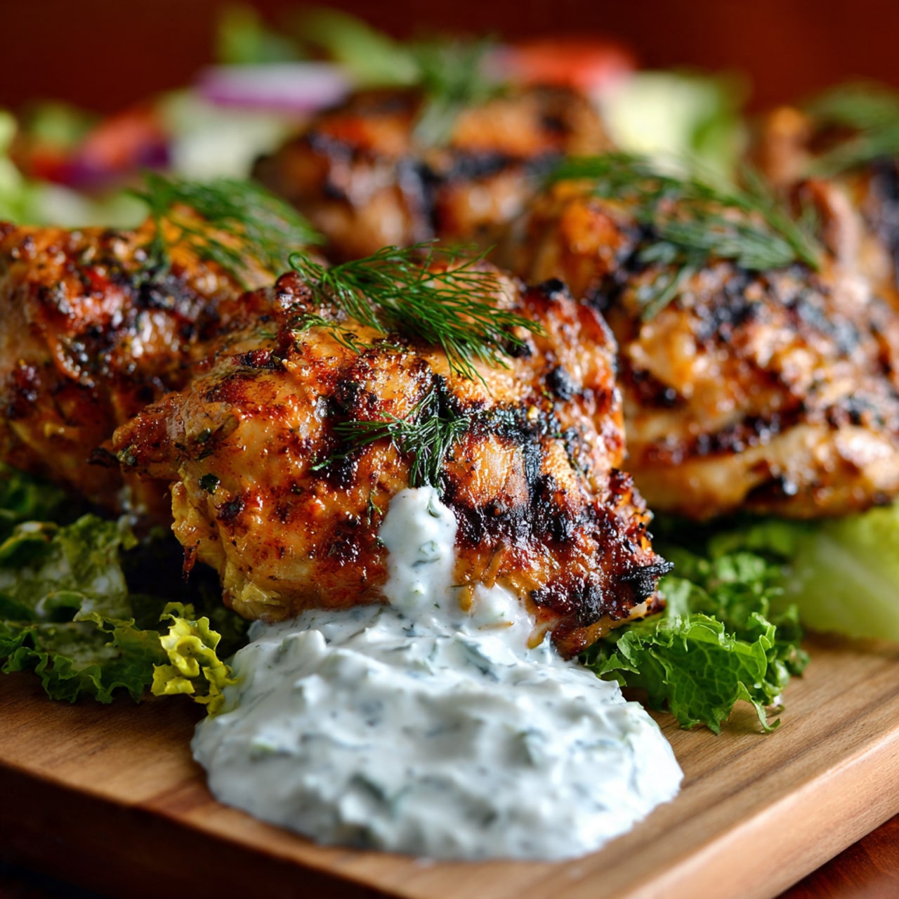 Mediterranean Grilled Chicken Thighs with Dill Yogurt Sauce