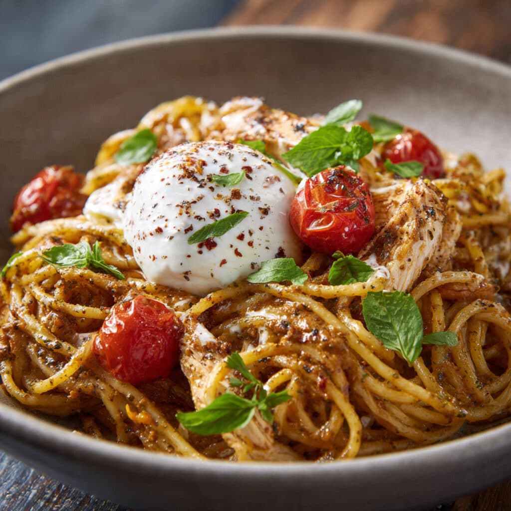 Chicken Tomato Pesto Burrata Pasta