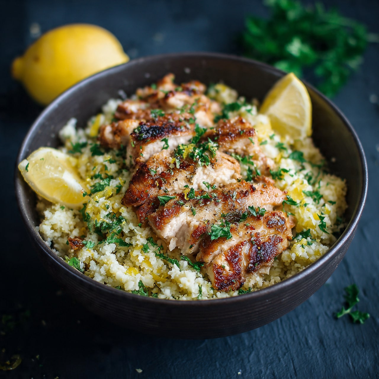 Keto Lemon Chicken Cauliflower Rice Bowls