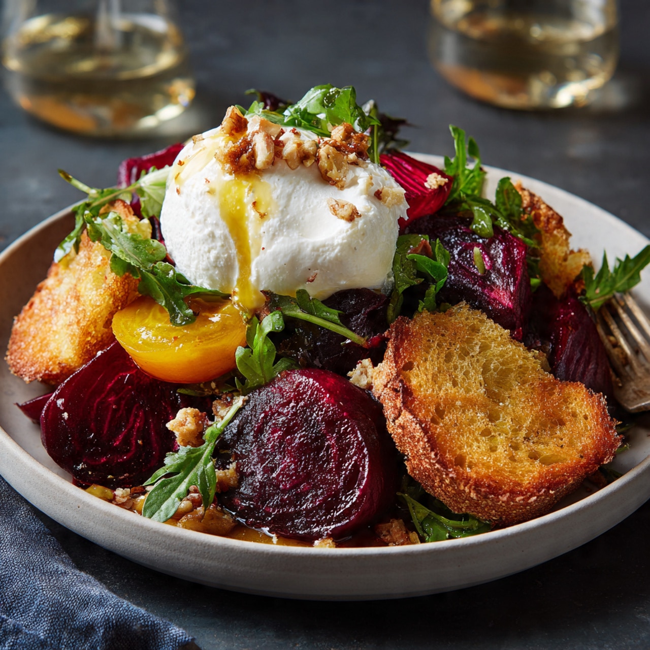 Beet and Burrata Salad with Fried Bread