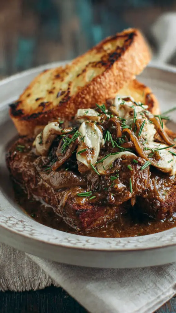 Savory French Onion Braised Beef with Mushrooms and Gruyère Toast