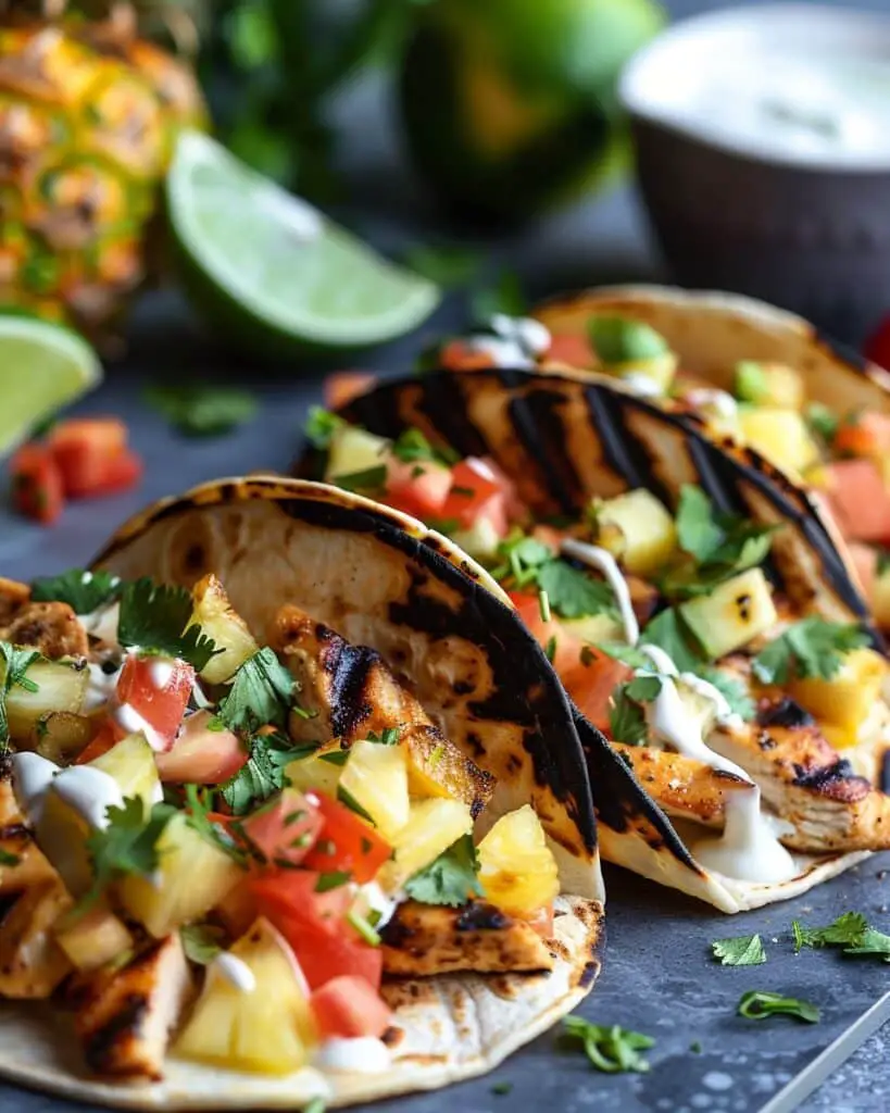 Sweet & Savory Teriyaki Chicken Tacos Topped with Grilled Pineapple Salsa and a Zesty Pineapple Lime Crema