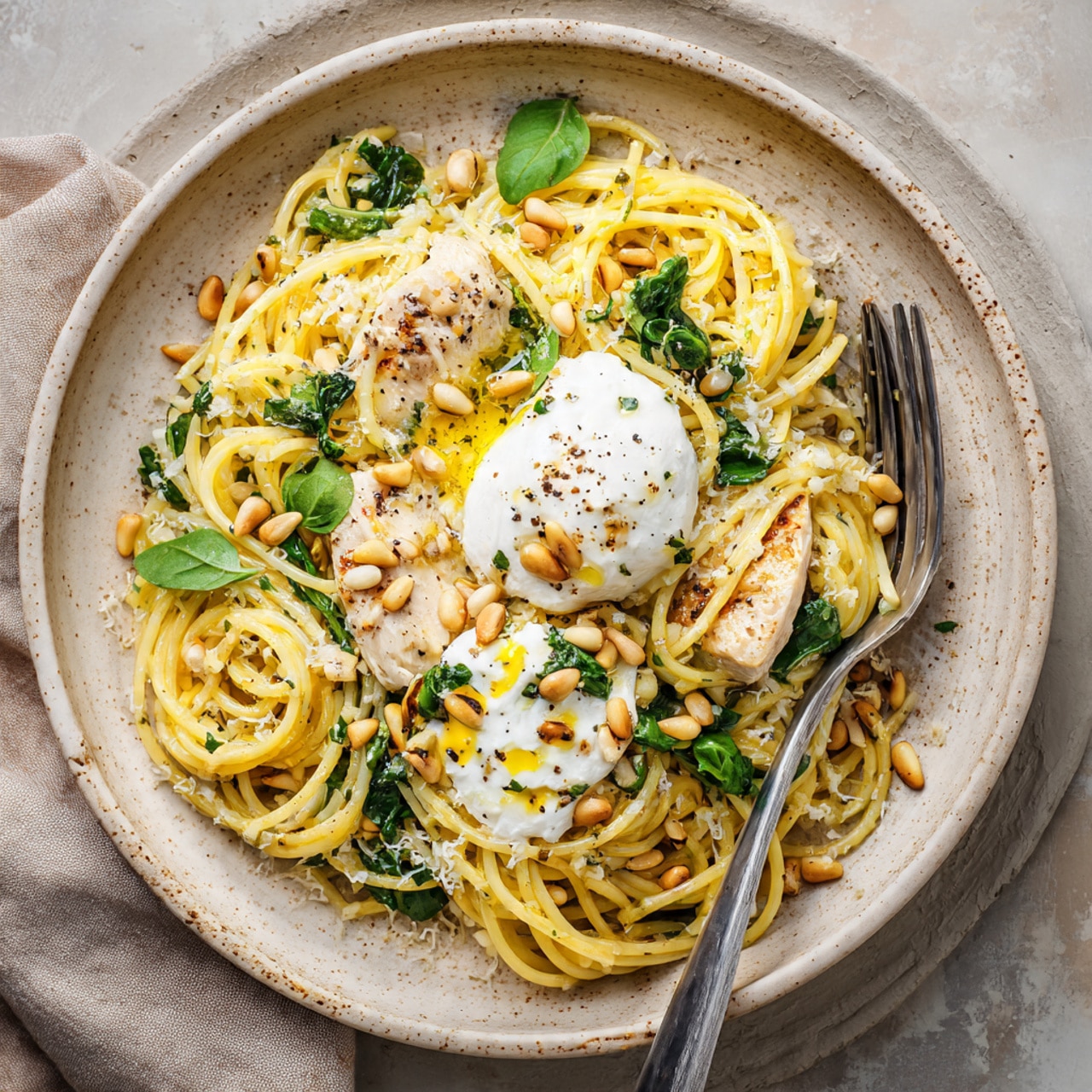 Chicken Spaghetti with Burrata, Pine Nuts, & Lemon Butter Garlic Sauce