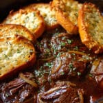 Savory French Onion Braised Beef with Mushrooms and Gruyère Toast