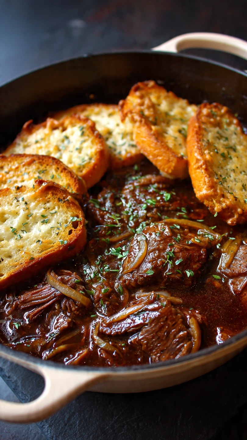 Savory French Onion Braised Beef with Mushrooms and Gruyère Toast