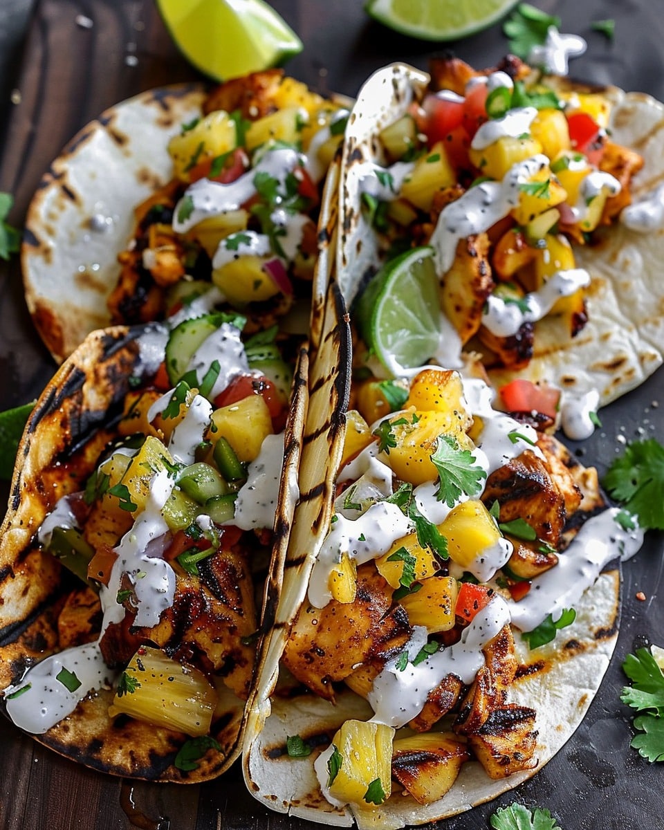 Sweet & Savory Teriyaki Chicken Tacos Topped with Grilled Pineapple Salsa and a Zesty Pineapple Lime Crema