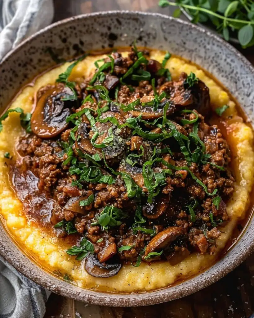 Ground Beef and Mushroom Ragu with Creamy Polenta