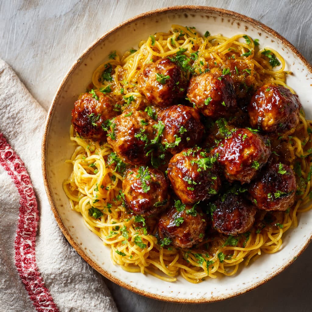 Garlic Butter Meatballs with Parmesan Pasta