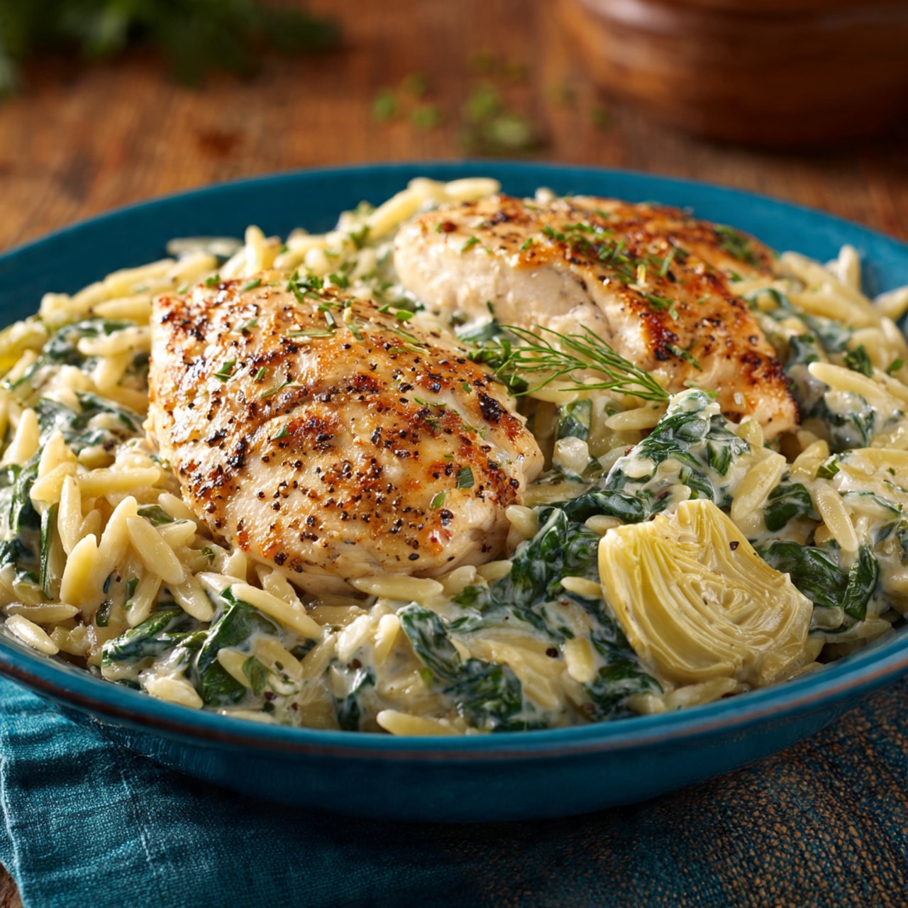 25 Minute Spinach and Artichoke Chicken Orzo