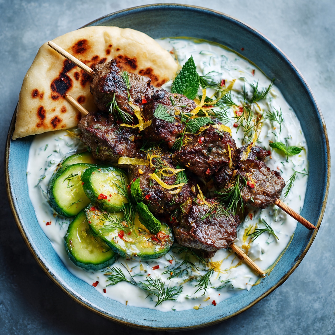 Smashed Beef Kebab With Cucumber Yogurt